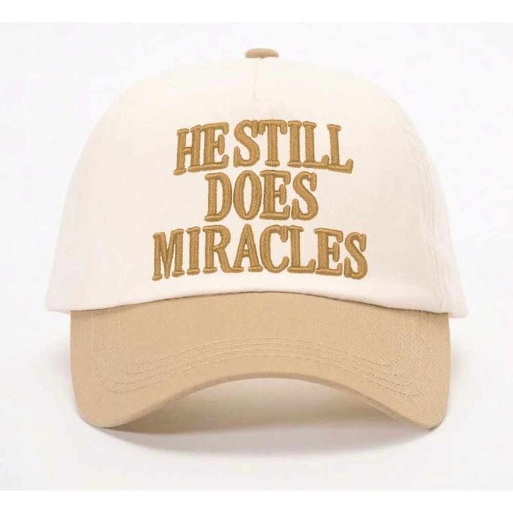 "He Still Does Miracles" Embroidered Beige Trucker Hat
